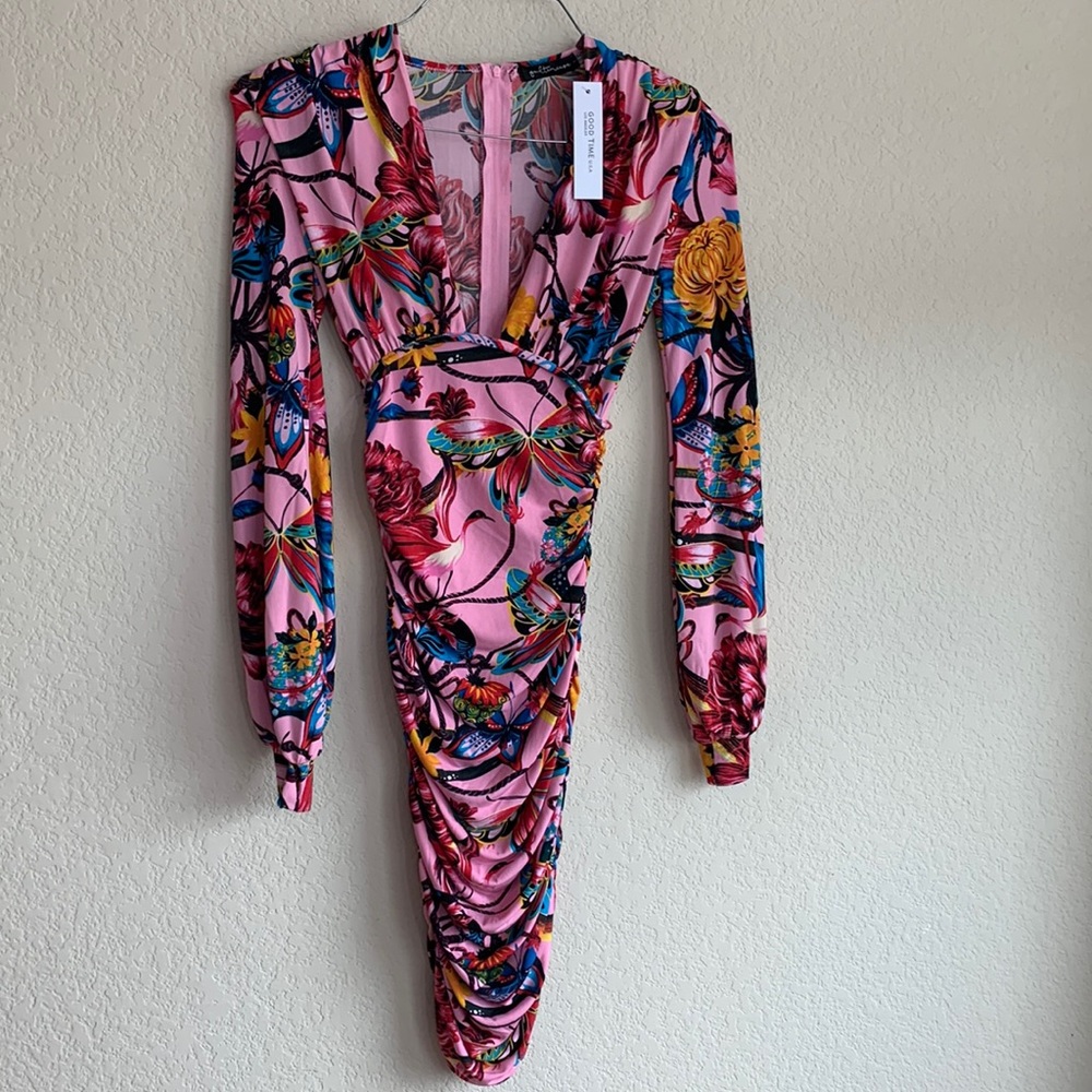 Good Time Pink Fitted Dress with Low V Neck. Size S